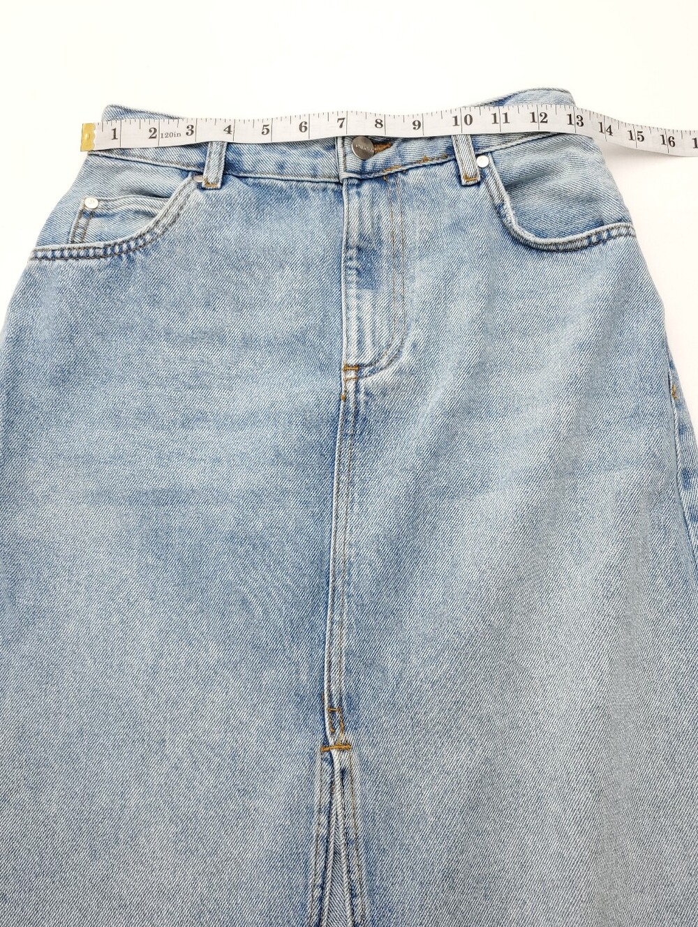 Pilcro The Madi Light Blue Wash Denim Maxi Skirt Size 2 Front Split Raw Hem - Picture 5 of 9
